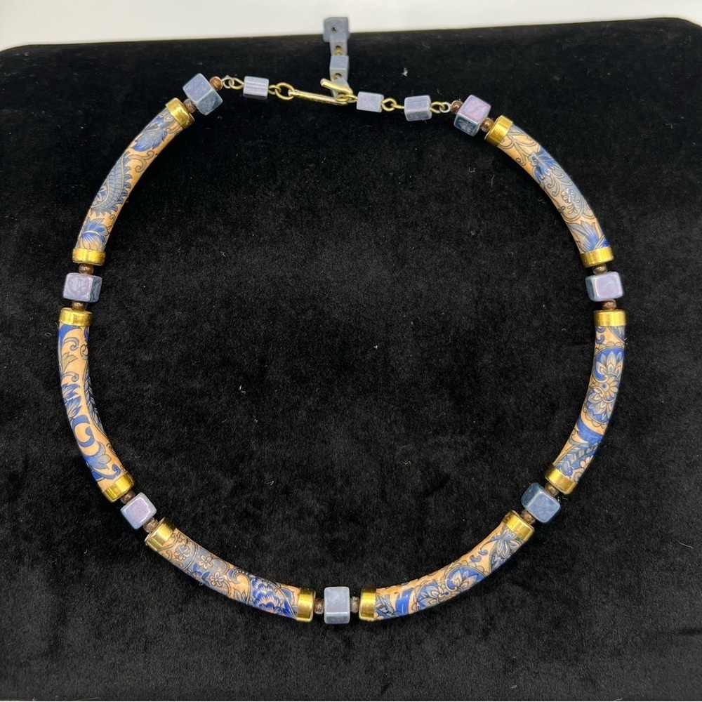 Vintage Japan Ceramic Tubular Bead Choker Necklace 15.75”